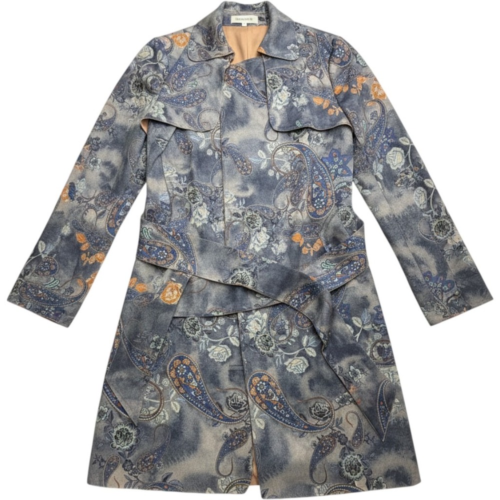 Solitaire Paisley Floral Trench Coat Blue Grey Wrap Belted Jacket Medium